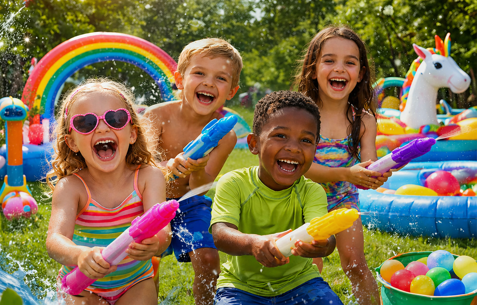 Splashy Surprises hero — kids playing with water guns and pool toys in a sunny backyard